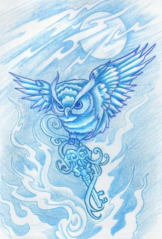 Tattoos - Blue Sketchbook Swirly Owl with Key Full Moon Tattoo Concept - 60609
